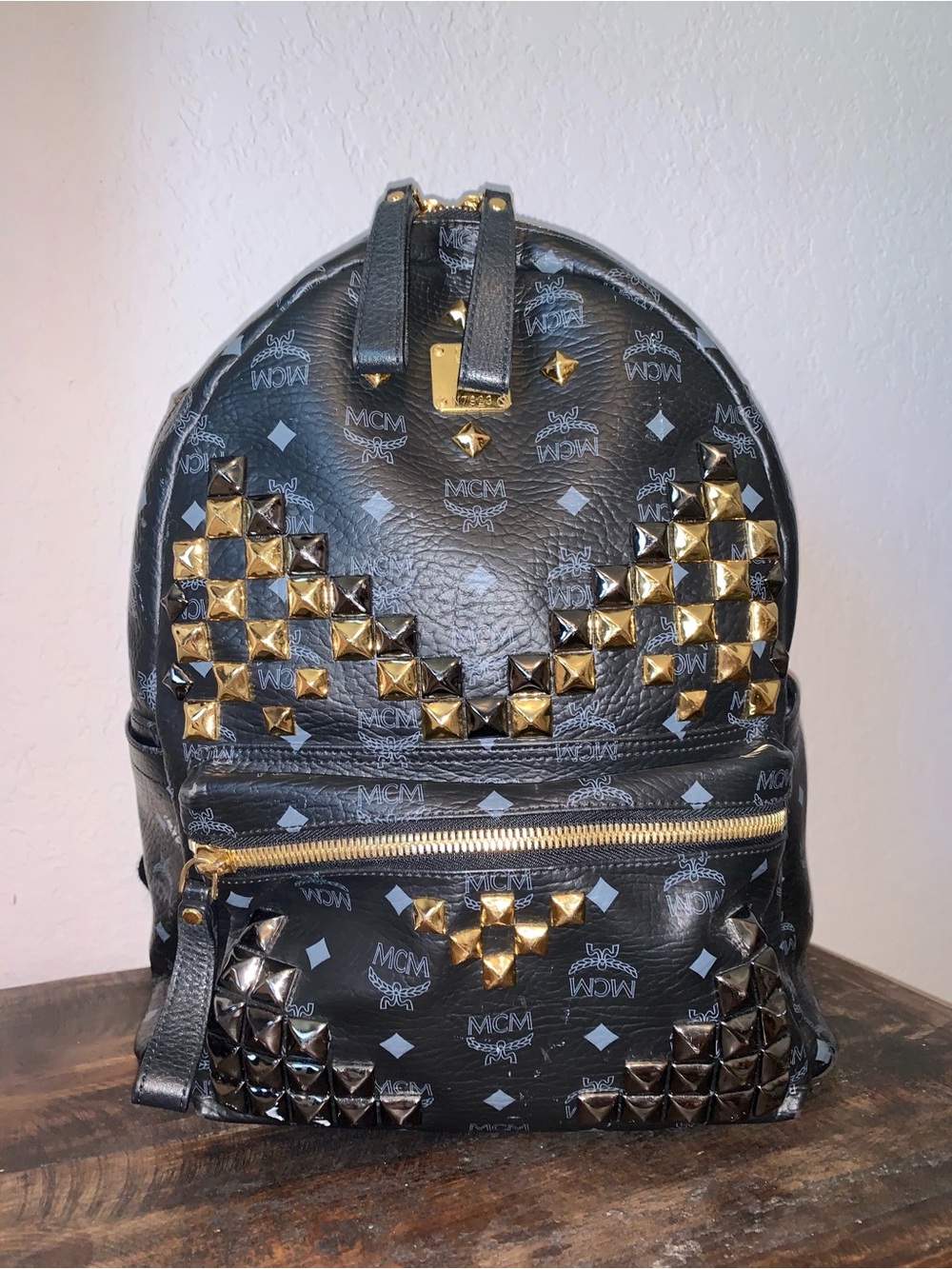 MCM Black Visetos Backpack with Gold Stud Accents